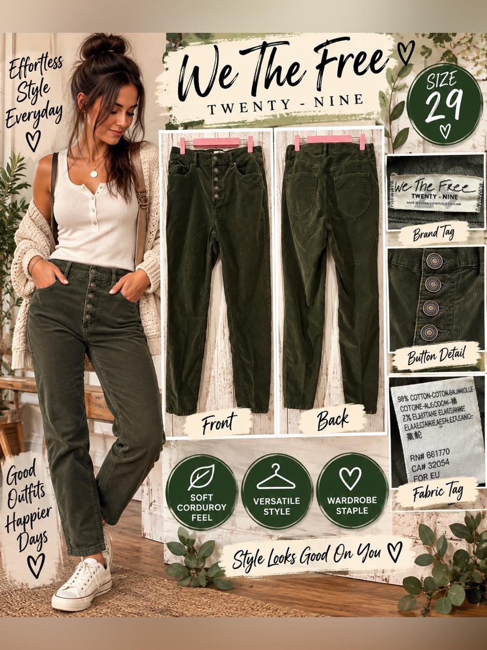 We The Free Olive Green High-Rise Corduroy Straight
